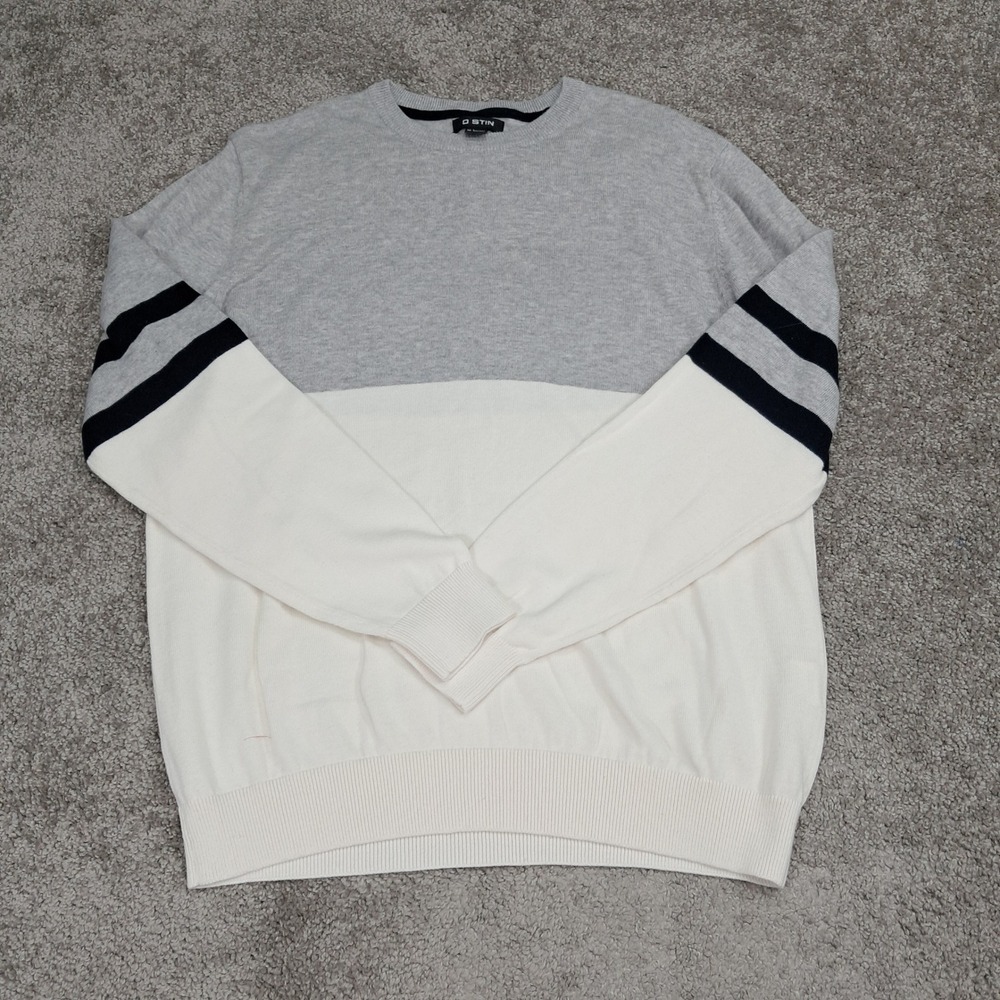 O'STIN Mens Colorblock Crewneck Sweater Gray‎ White Navy Striped Size L 5925